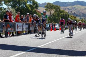 Cameron Karwowski from the H&J's Outdoor World Team won the elite men's 159 kilometre race in the opening round of the Benchmark Homes Elite Cycling Series in Oxford, North Canterbury.